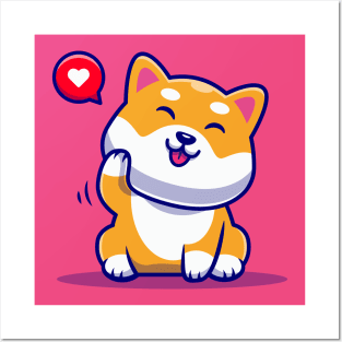 Cute Shiba Inu Dog Waving Hand Cartoon Posters and Art